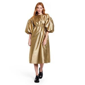 NEW Kika Vargas Dresses Puff Sleeve Scallop Back Midi Dress 1X Gold